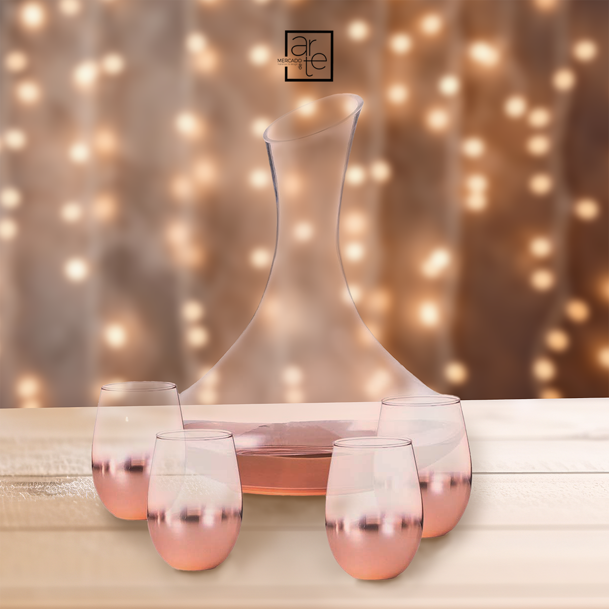 Decantador com 4 copos - rosa gold