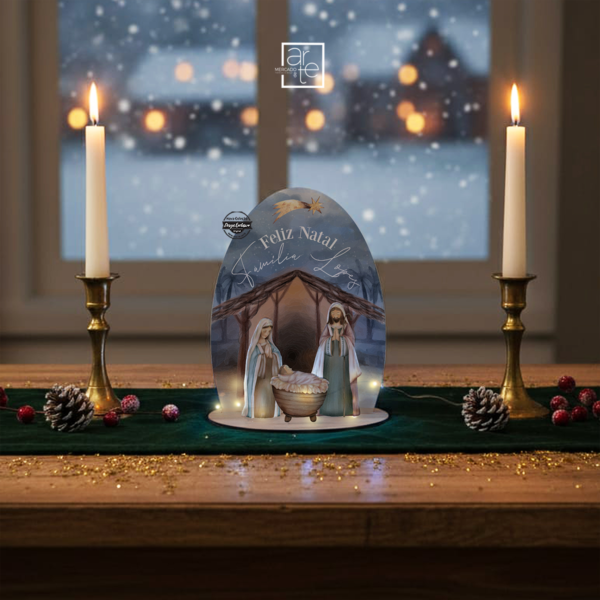 Presépio 3D em Madeira com Luz LED "Feliz Natal"