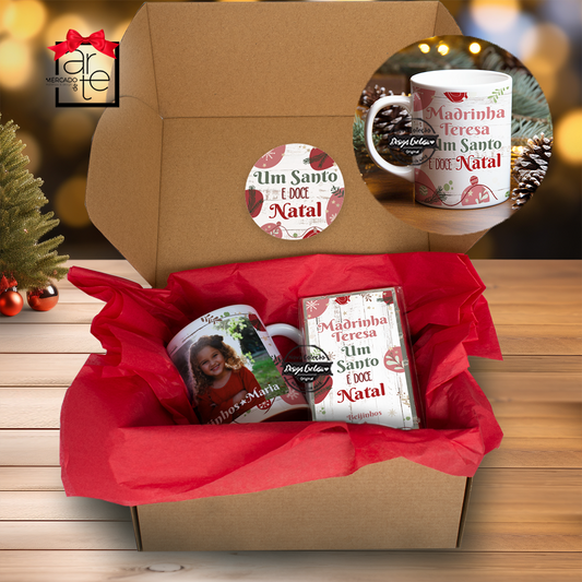 Kit caneca e chocolate "Um Santo e Doce Natal"
