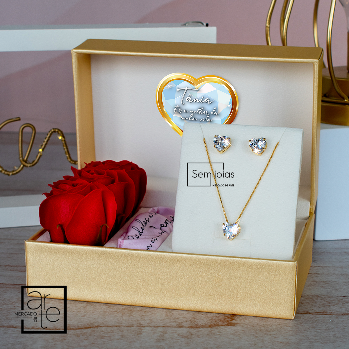 Conjunto semijoia coração cristal "Tânia"