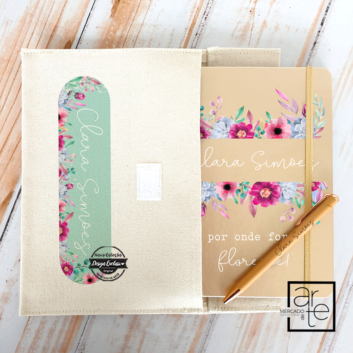 Conjunto bolsa multiusos + Bloco de notas e caneta " Por onde fores floresce"