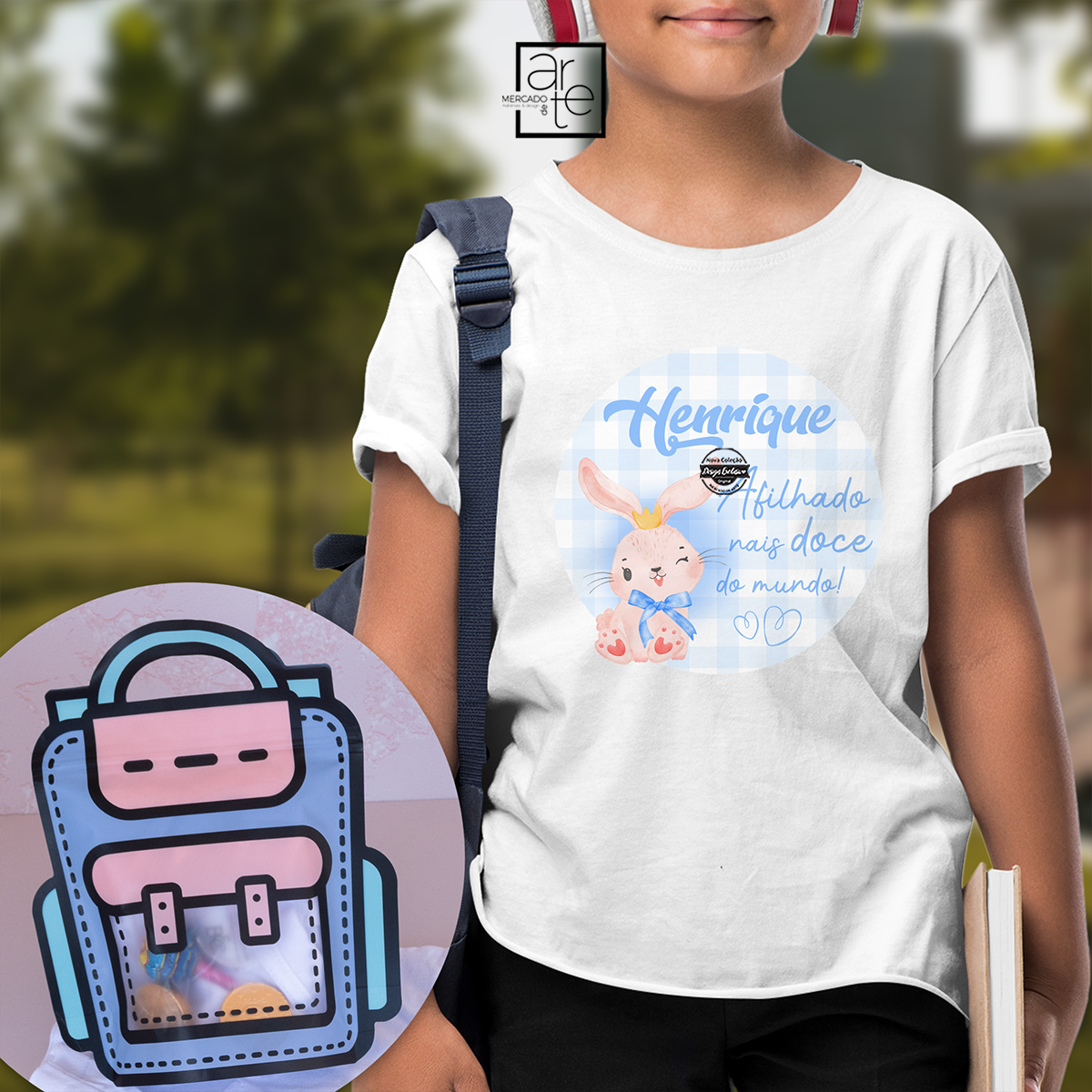 T-shirt com saco mochila "Afilhado/a"