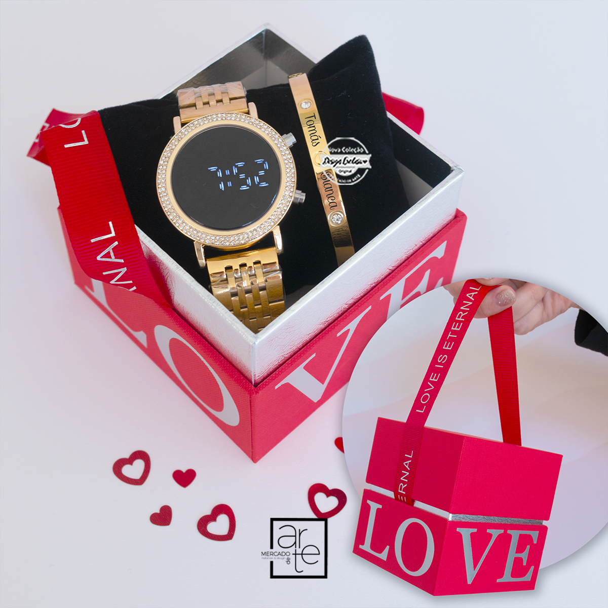 Conjunto relógio e pulseira escrava malinha "LOVE"