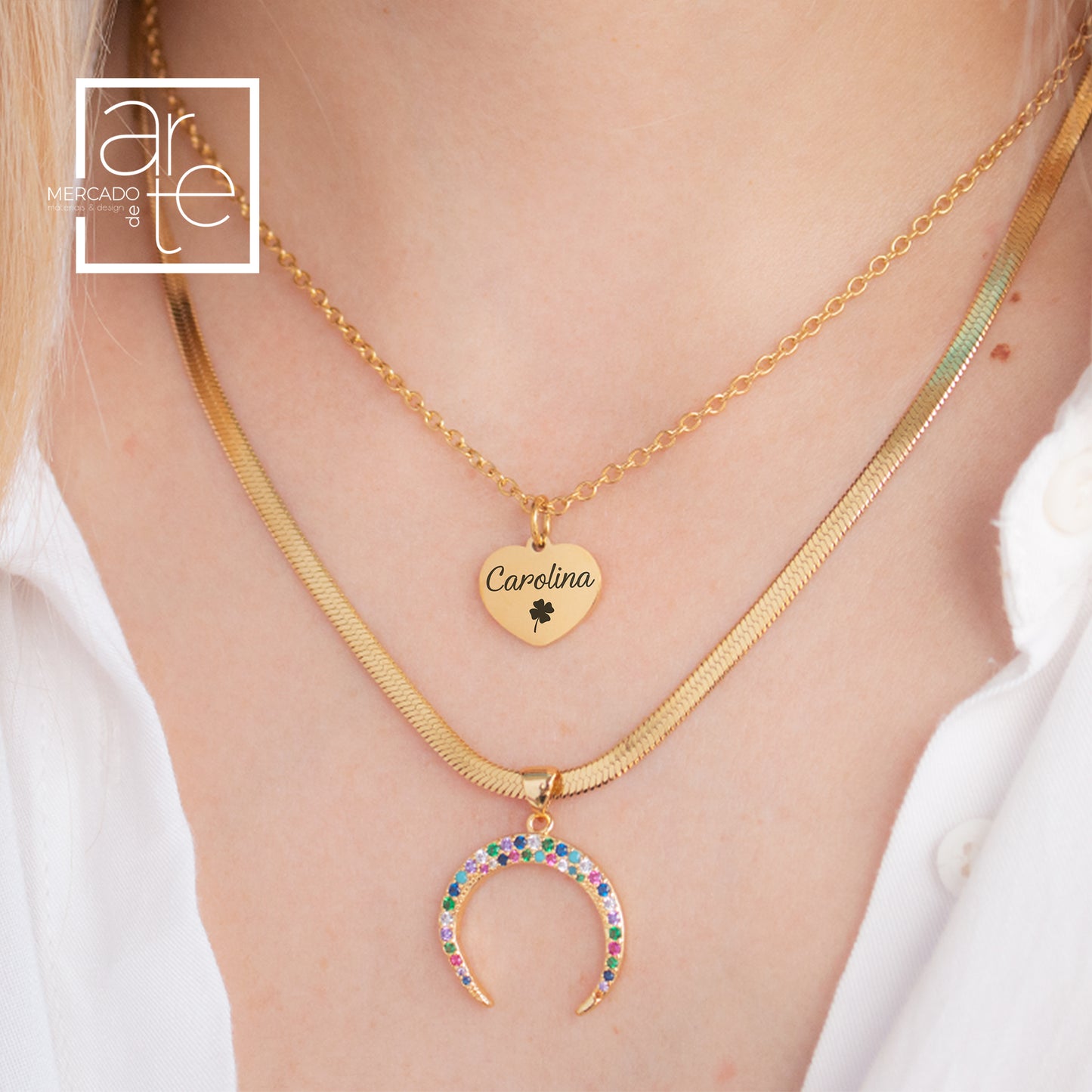 Fio Duplo " Sorte " para personalizar nome ou iniciais, em aço inoxidável e zircónias coloridas. sugestao de presente personalizado para a amiga, mãe, tia, madrinha, avós