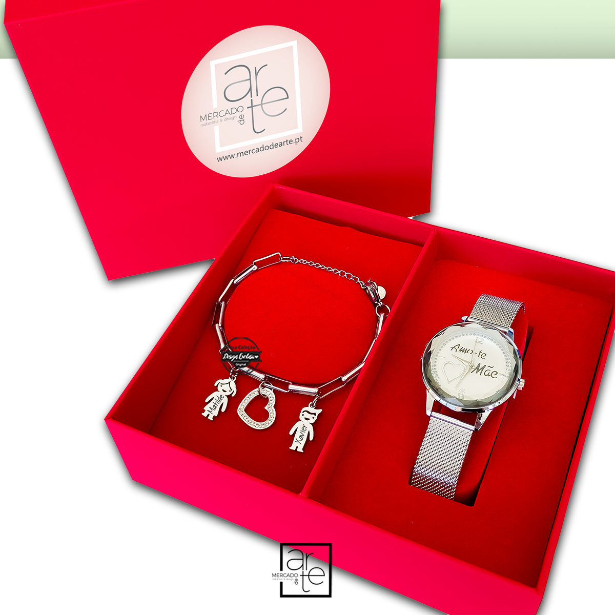 Conjunto relógio e pulseira mãe com meninos - oferta caixa