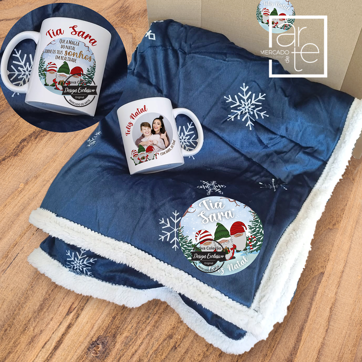Kit manta e caneca com fotografia "Feliz Natal"