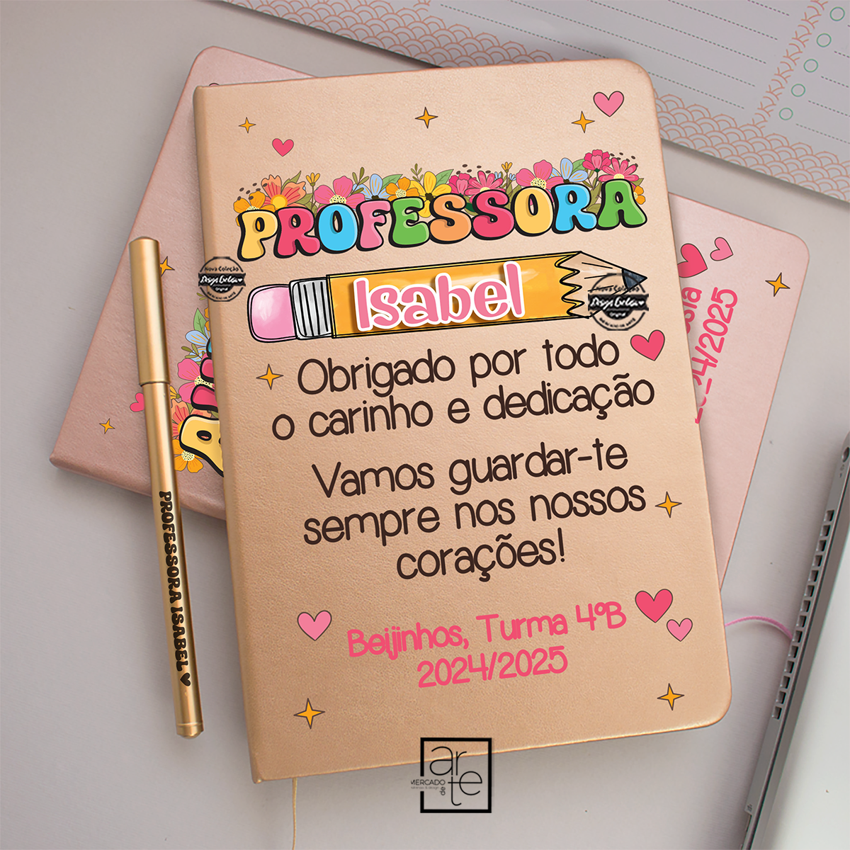 Bloco e caneta lápis escolas "Obrigada..."