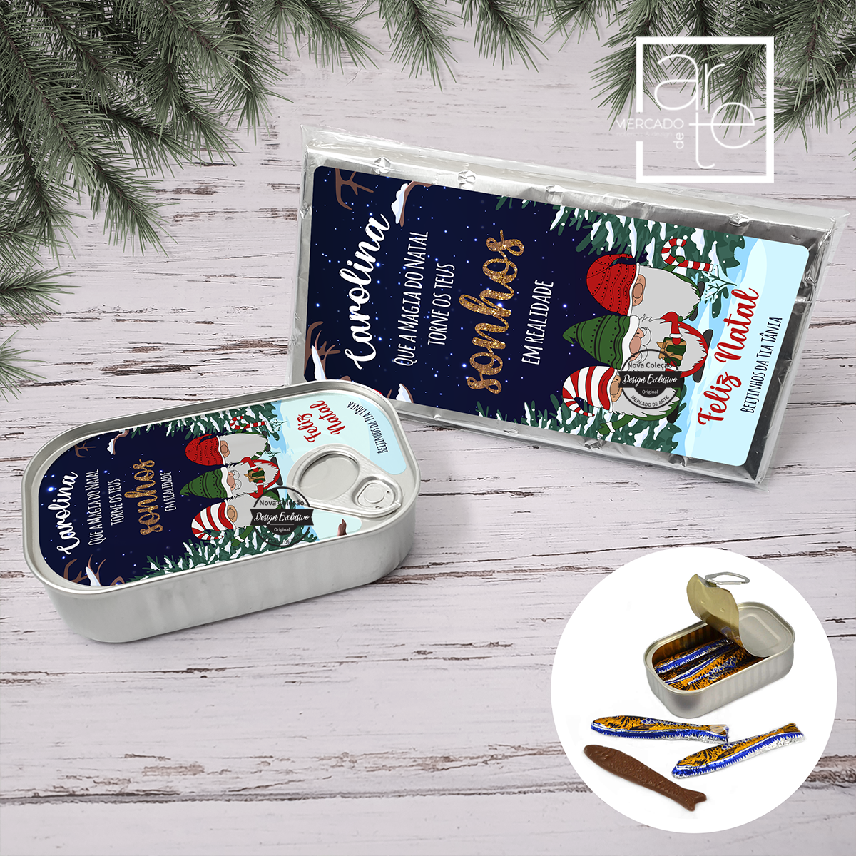 Lata de sardinhas de chocolate e/ou tablete de chocolate "Gnomos"