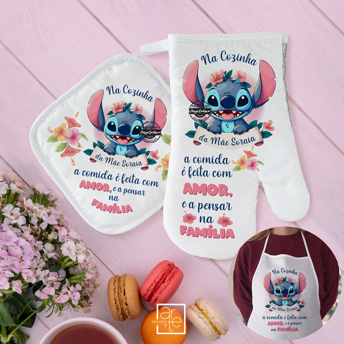 Conjunto de luva / pega de cozinha e Avental "Stitch"