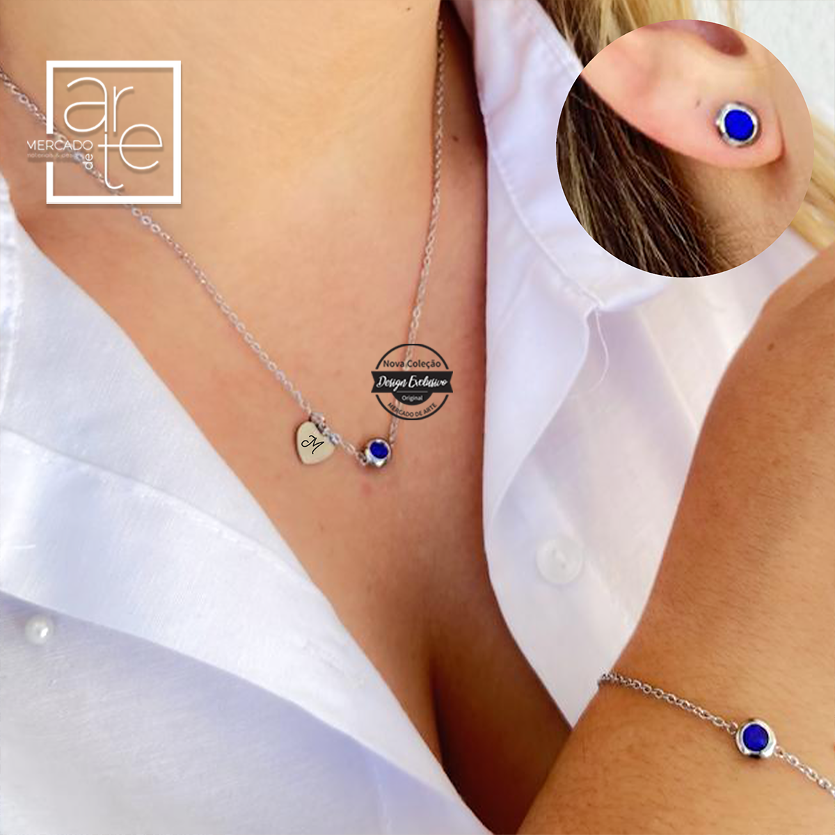 Conjunto fio, brincos e pulseira "Inicial"