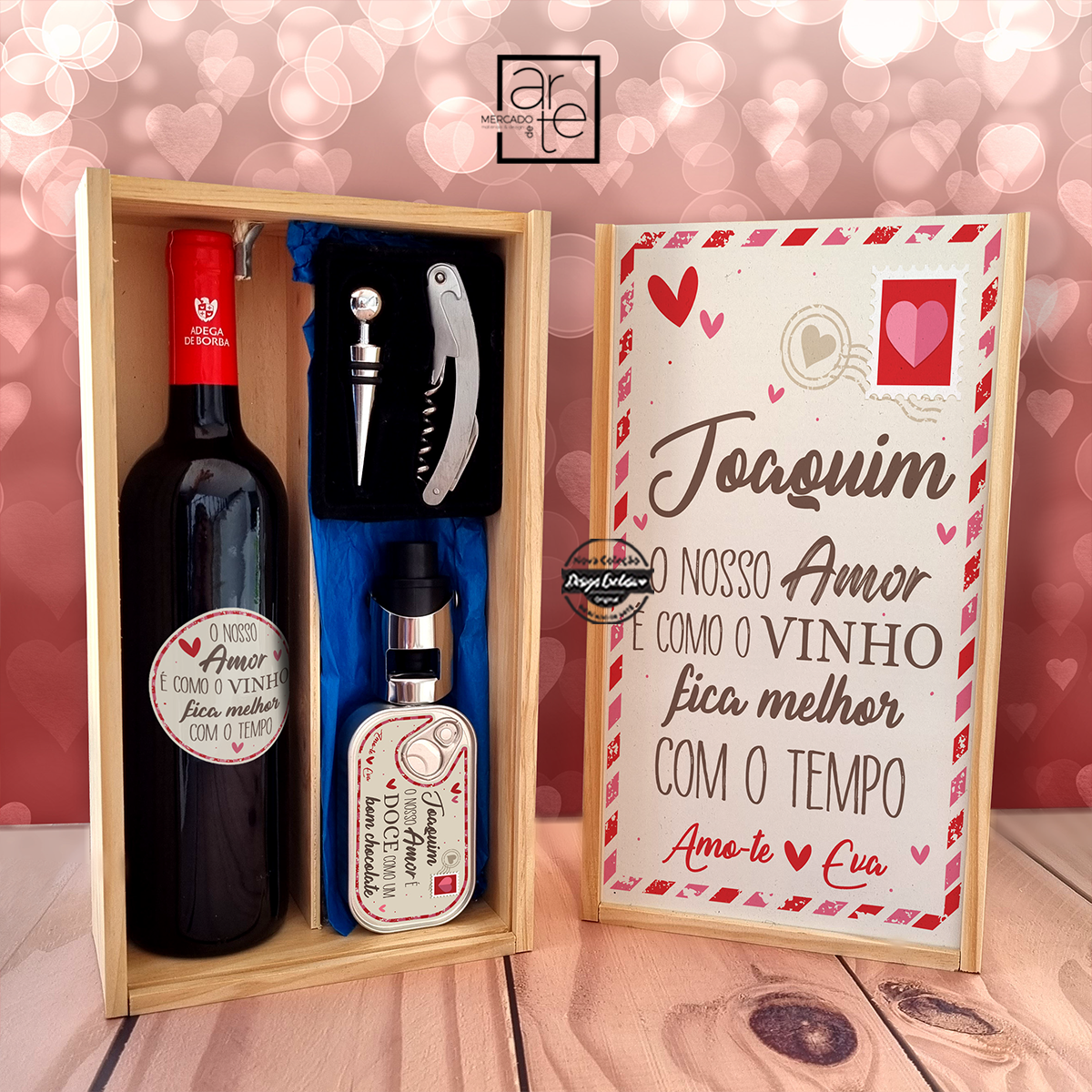 Kit de vinho em caixa de madeira namorados "Postal"