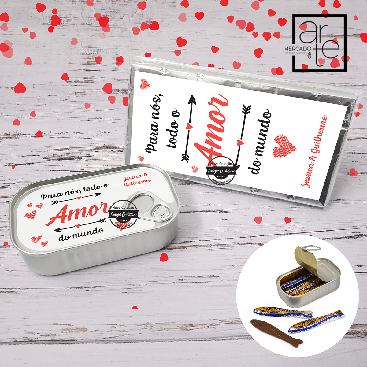 Lata de sardinha de chocolate e/ou tablete "Para nós todo o amor do Mundo"