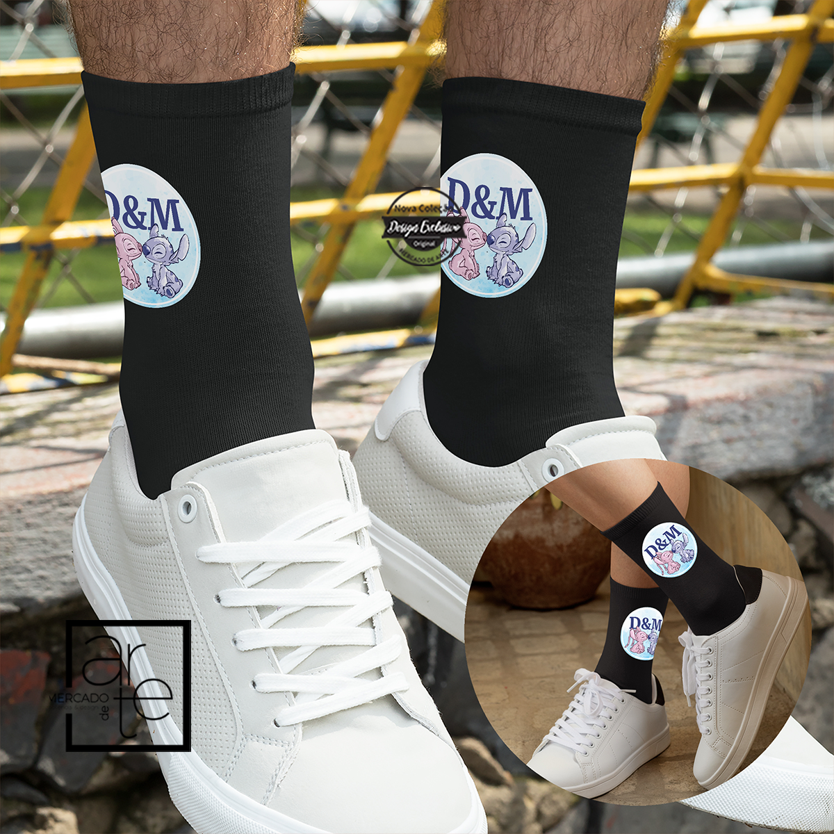 Dia dos namorados!  Completa a sua coleção preferida do "Stitch e Angel" com as nossas meias super confortáveis. Personalize com as iniciais que desejar.  REF:MA-NAM466  Material Meias de algodão. Tamanho único do 38 ao 43.