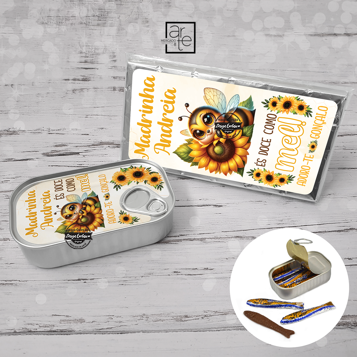 Lata de sardinhas de chocolate e/ou tablete de chocolate abelhinha "madrinha"