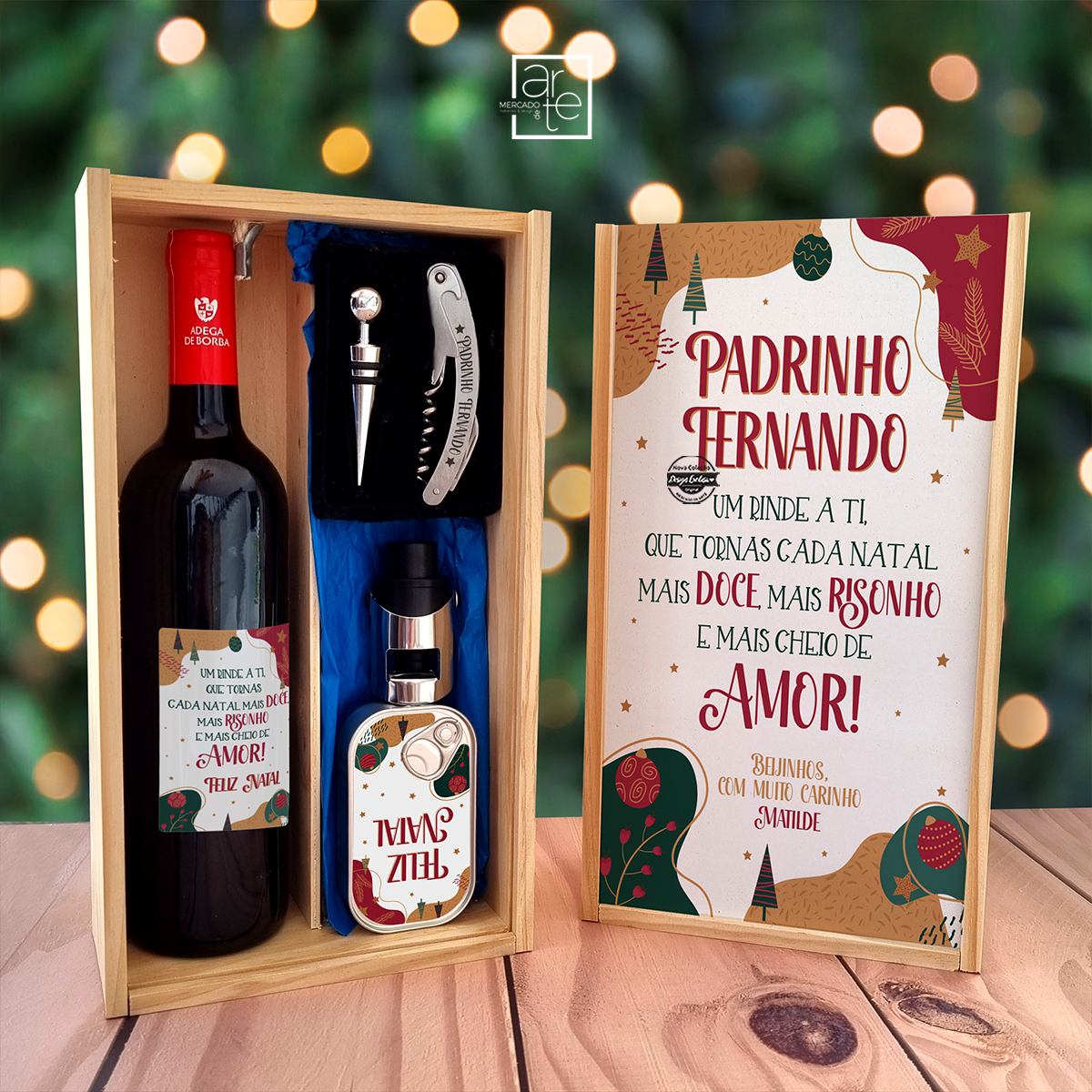 Kit de vinho em caixa de madeira "Padrinho"