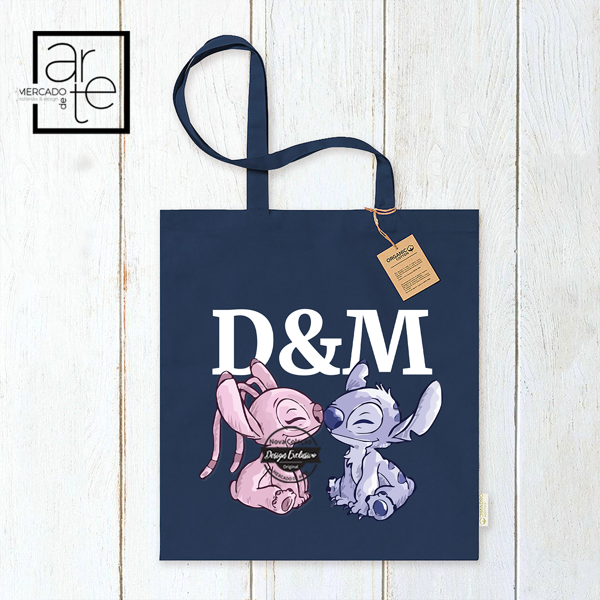 Saco 100% orgânico Angel e Stitch "Iniciais"