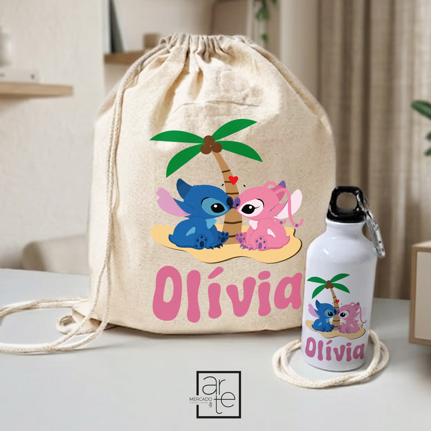 Saco de Pano Cru e/ou Garrafa 400ml "Stitch e Angel"