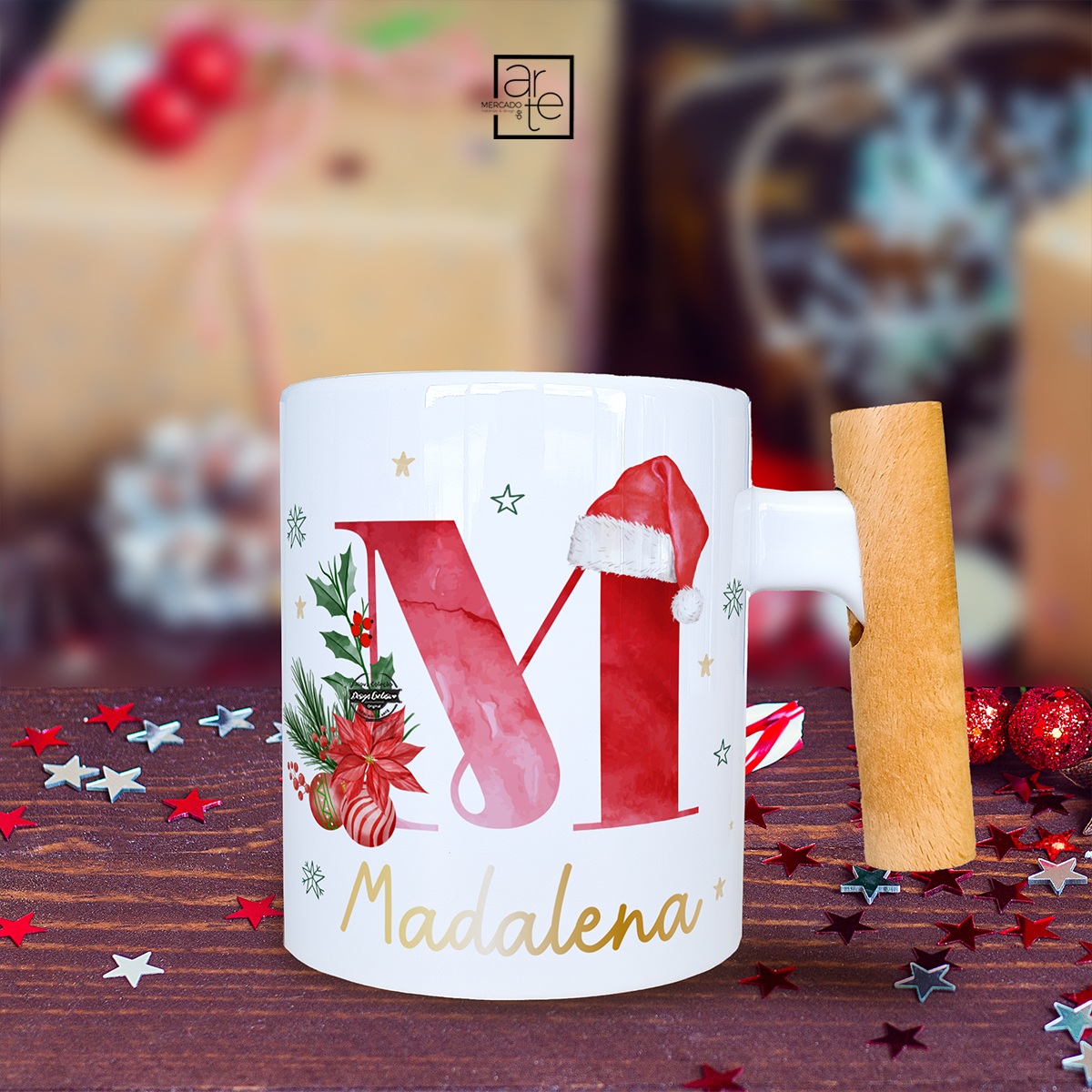 Caneca com asa de madeira Natal "Inicial"
