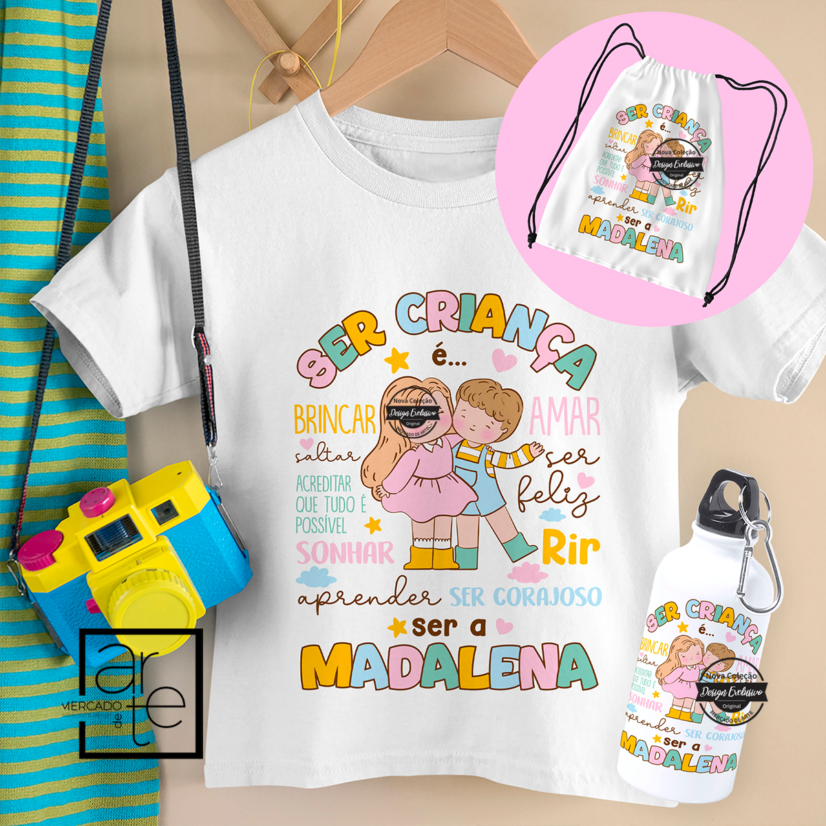 Novidade! kit de uma criança feliz! Adoramos a nova coleção super colorida pensada especialmente para as crianças! Conjunto comporto por T-shirt 100% algodão, garrafa de 400ml e mochila. Vendido em conjunto ou separadamente. REF:CRI056