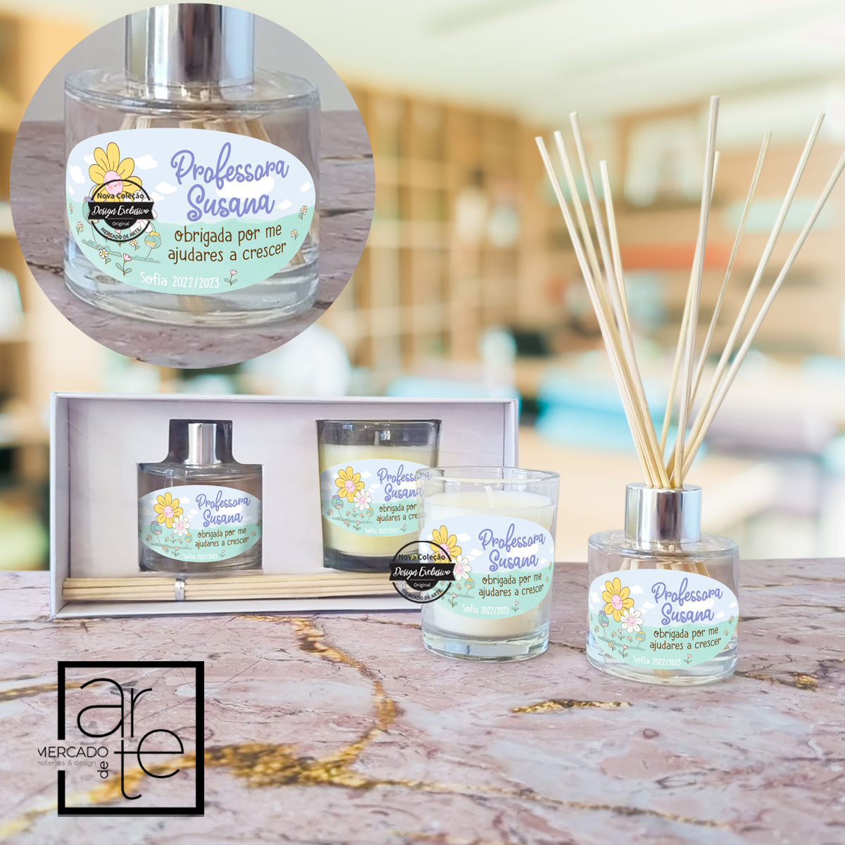 NOVIDADE PERFUMADA !!! Conjunto mikado "Obrigada por me ajudares a crescer" personalizável com texto a seu gosto. Personalize para educadora, professora, auxiliar etc. REF:ESC221 O nosso kit Inclui: Mikado aromático com aroma jasmim em frasco de vidro de 50 ml com 10 varetas de vime e tampa em alumínio. Vela aromática com aroma baunilha em frasco de vidro. Caixa incluída
