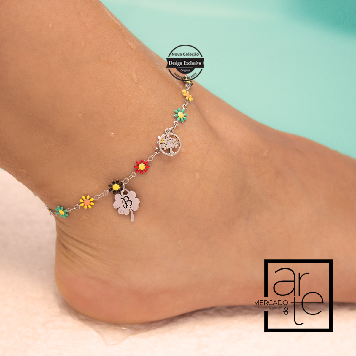 Pulseira de pé flores trevo "Inicial"