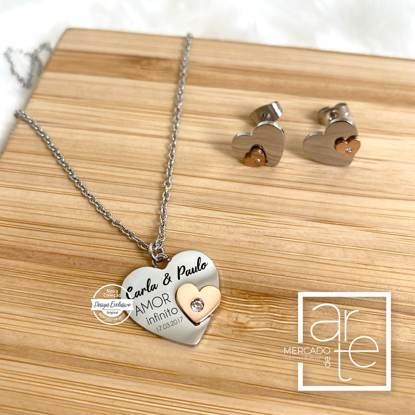 conjunto fio e brincos coração em aço inóx com zircónias personalizado com pequena frase