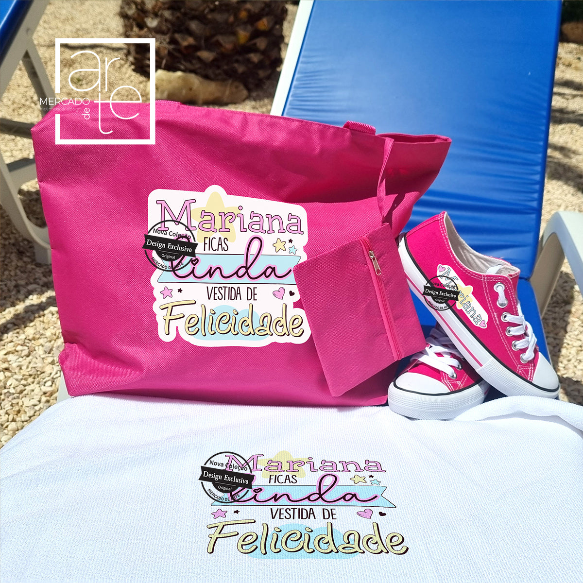 conjunto toalha de praia , ténis e mala tema felicidade, vendido em conjunto ou separadamente