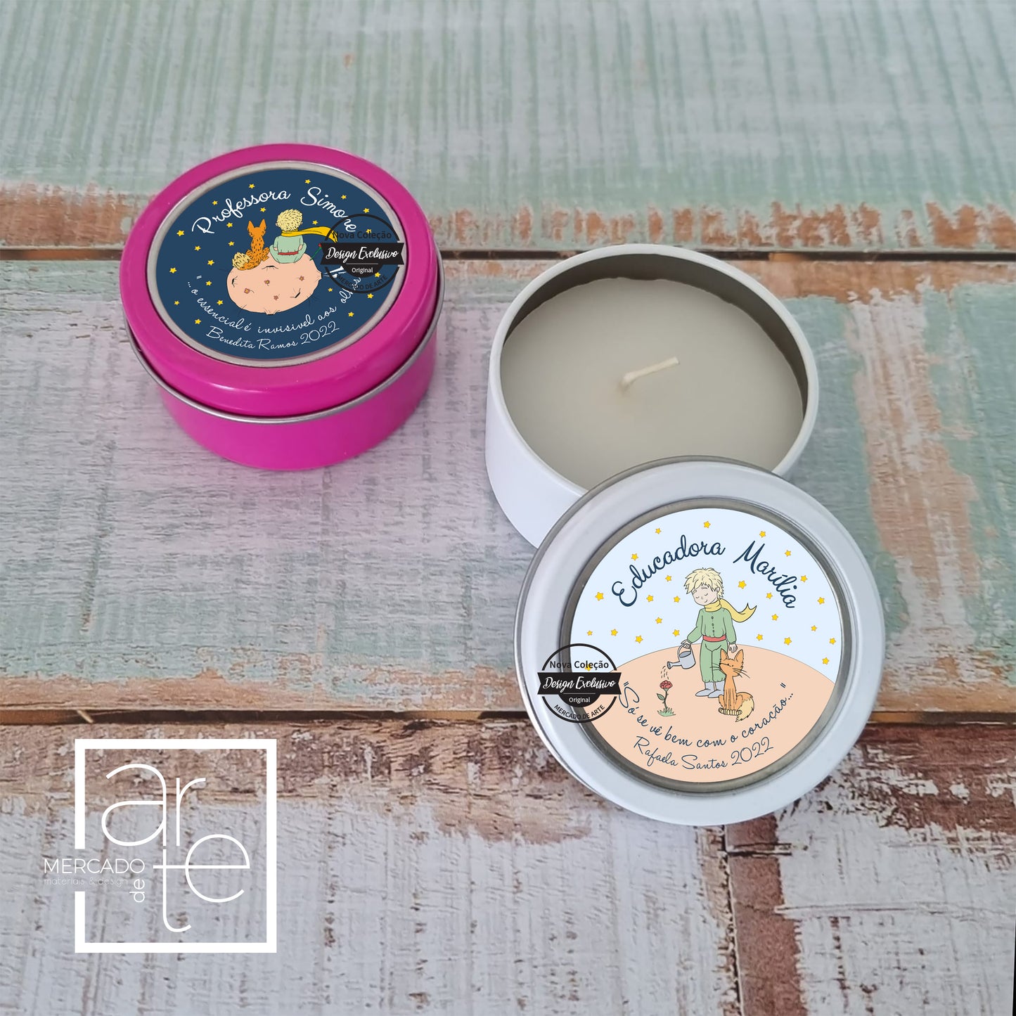 Velinhas perfumadas " Principezinho " com tampa personalizada ao seu gosto. Aroma a Baunilha. Um presente original, económico e acima de tudo super cheiroso.