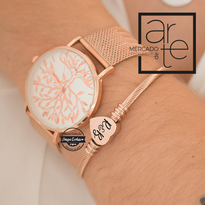 Conjunto relógio árvore da vida e pulseira coração