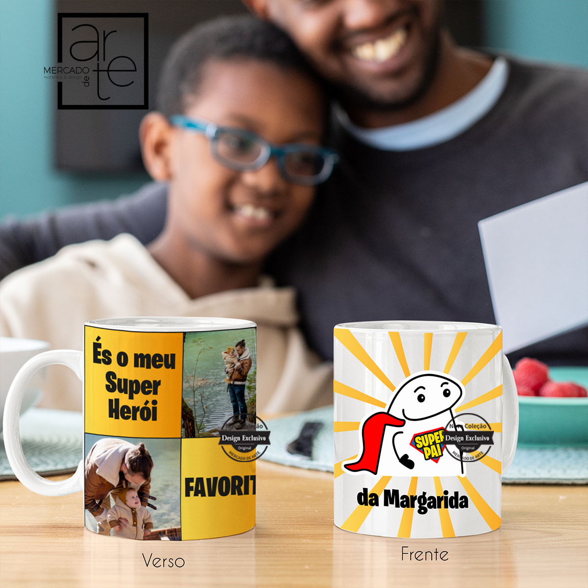 Caneca com gravação na frente e verso com design do nosso flork, com texto e duas fotografias a seu gosto. Personalize já a sua e surpreenda neste dia tão especial!