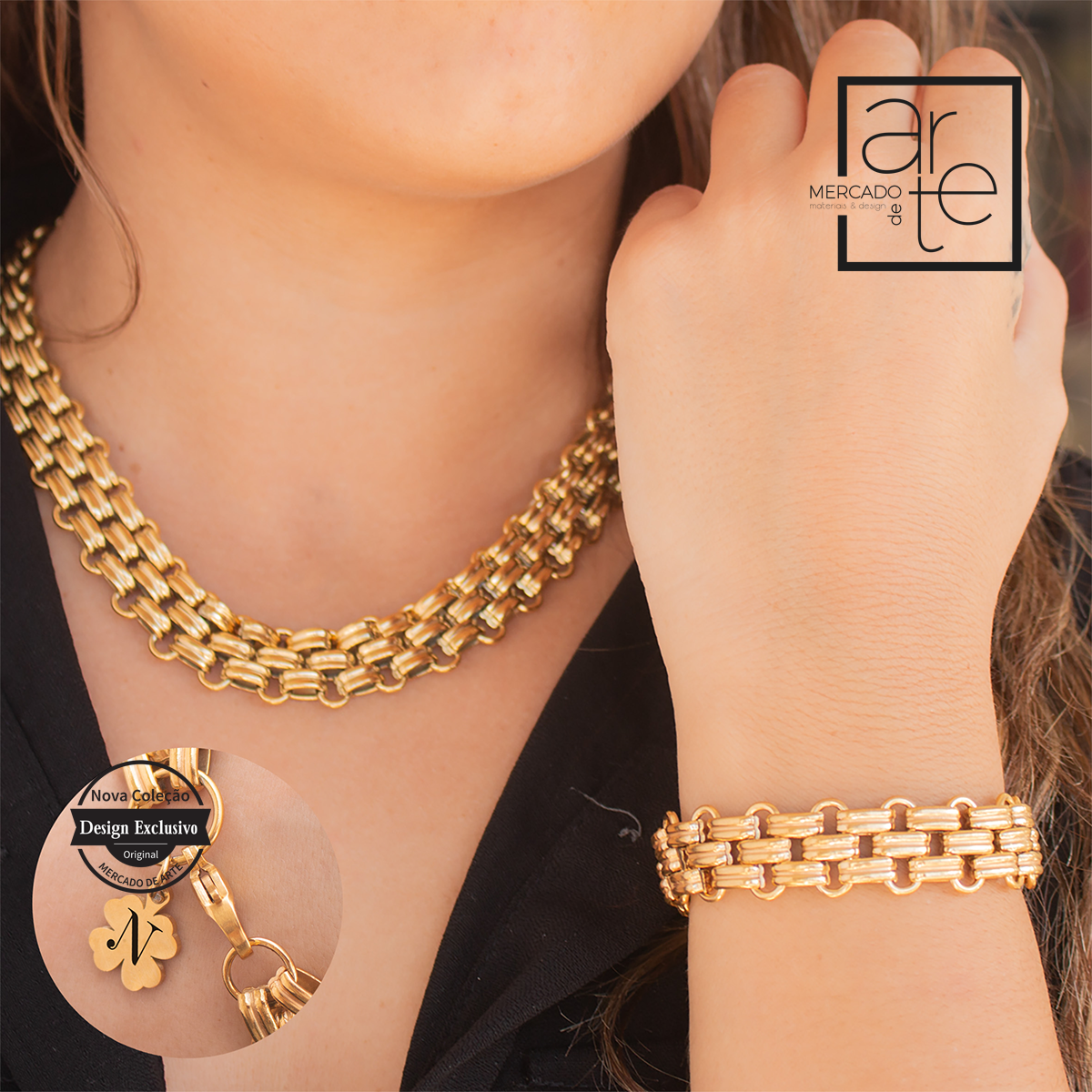 Novo conjunto de pulseira e fio super vistoso e elegante para completar qualquer look de dia ou de noite. Pode personalizar o trevo com nomes, inicias, datas ou símbolos. Disponível em dourado ou prateado.