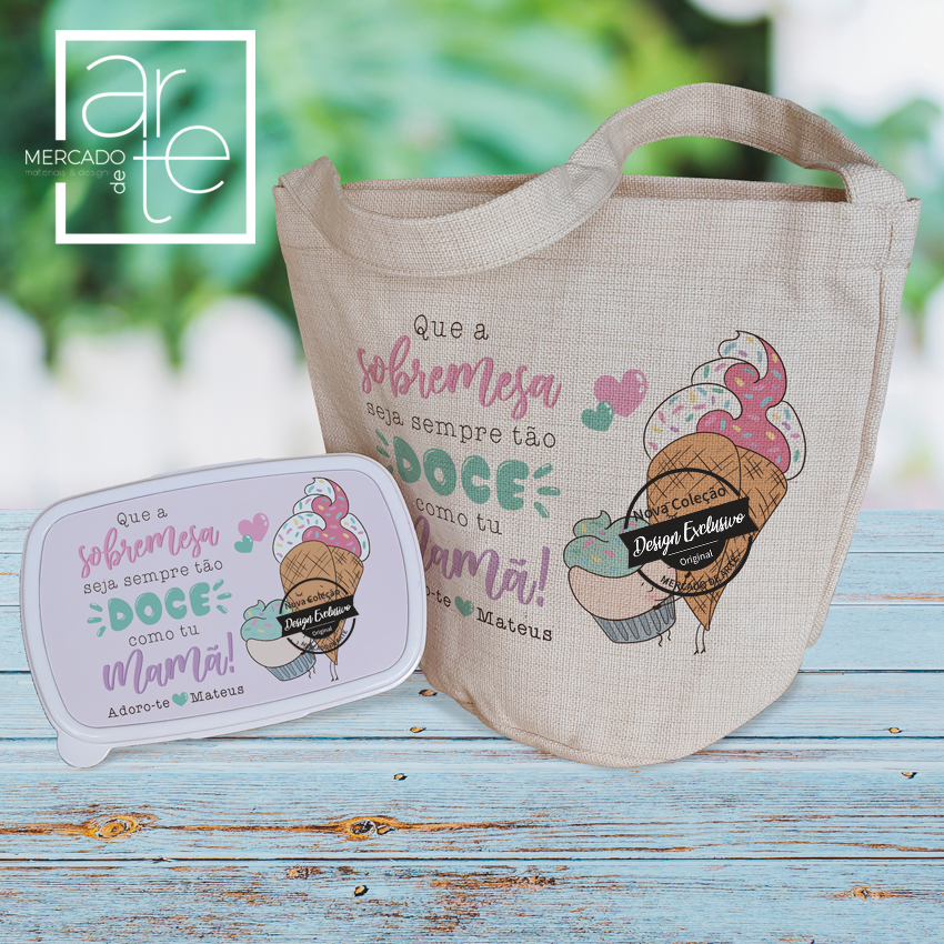 Saco tecido tipo linho e/ou Marmita " Que a sobremesa seja sempre tão doce como tu Mamã"