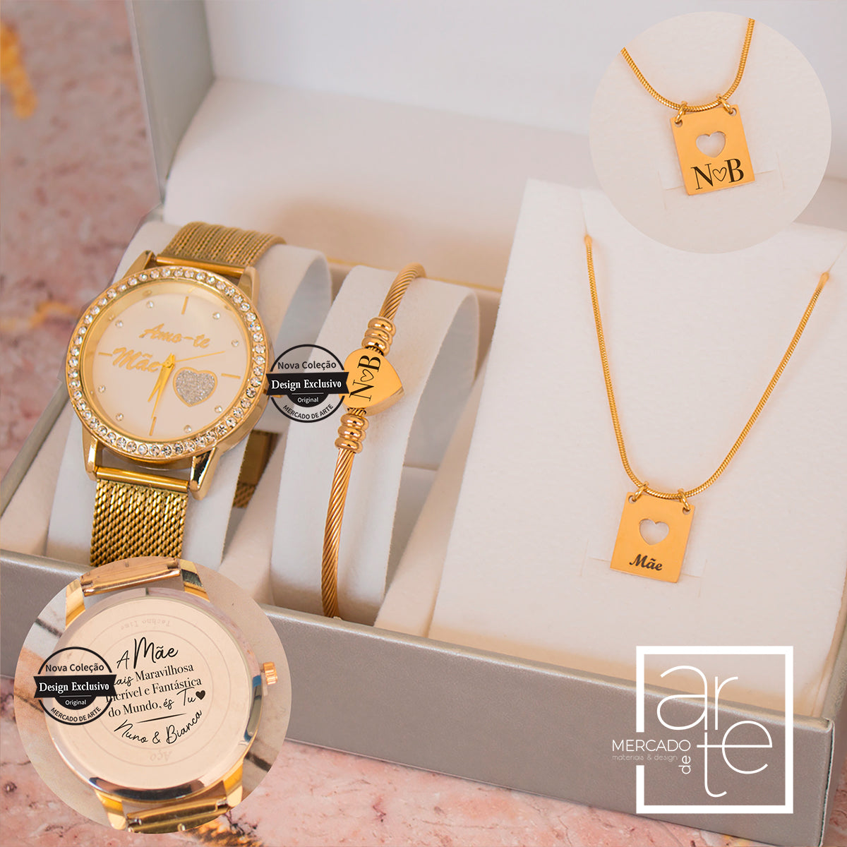 Conjunto "Amo-te mãe" relógio + pulseira + fio