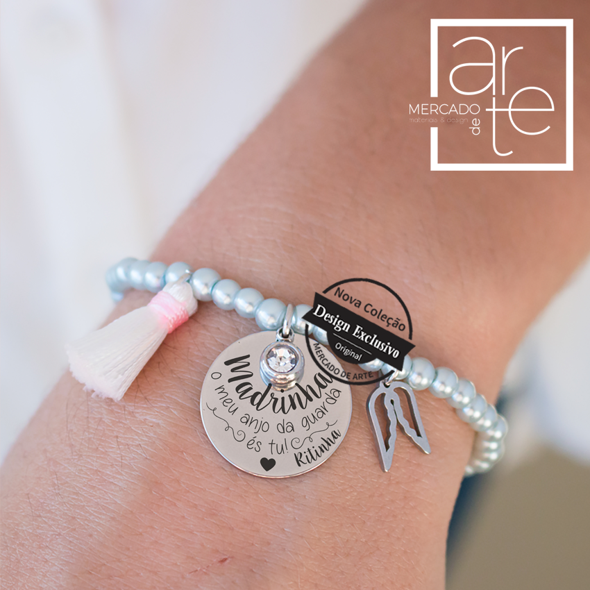 Pulseira pérolas azuis "Madrinha, o meu anjo da guarda és tu"