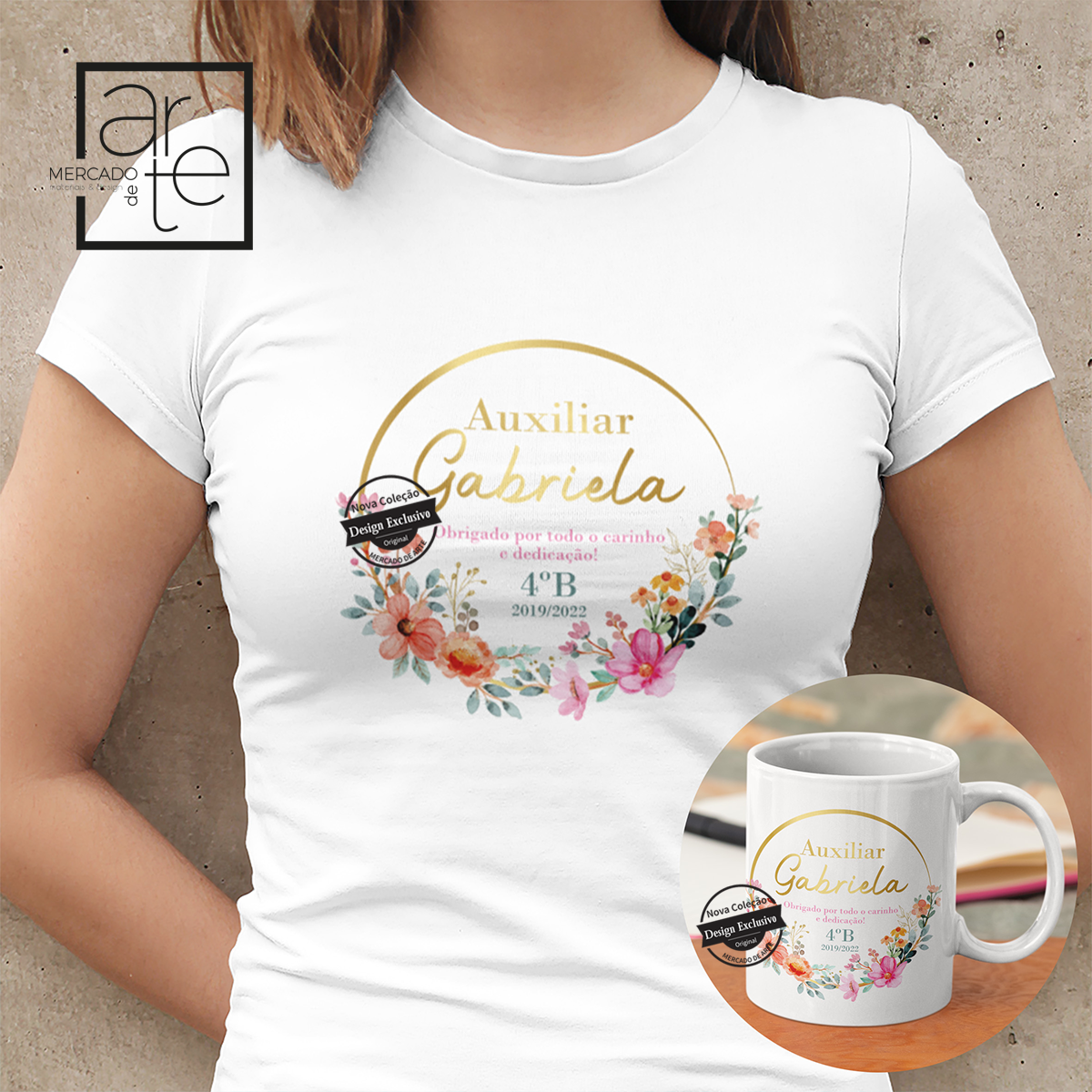 conjunto de t-shirt e ou caneca de agradecimento a auxiliares