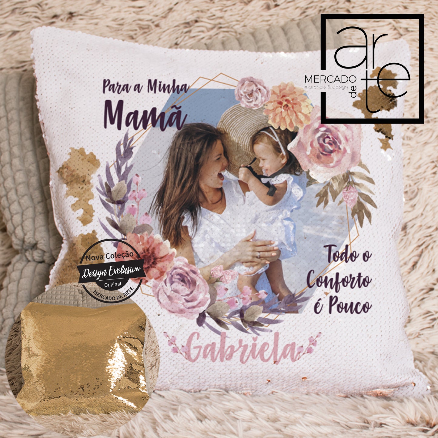 Almofada com lantejolas " Para a minha Mamã ... todo o conforto é pouco"