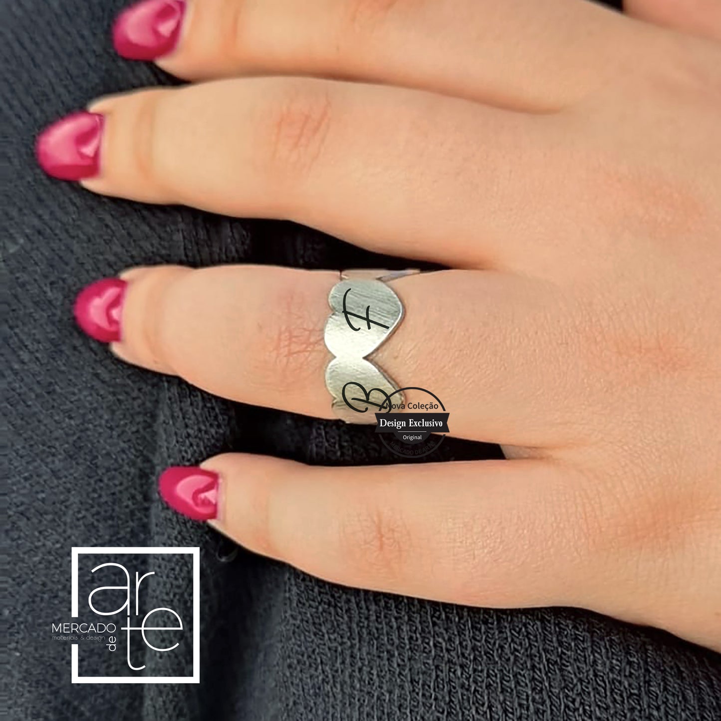 anel aço escovado ajustável corações