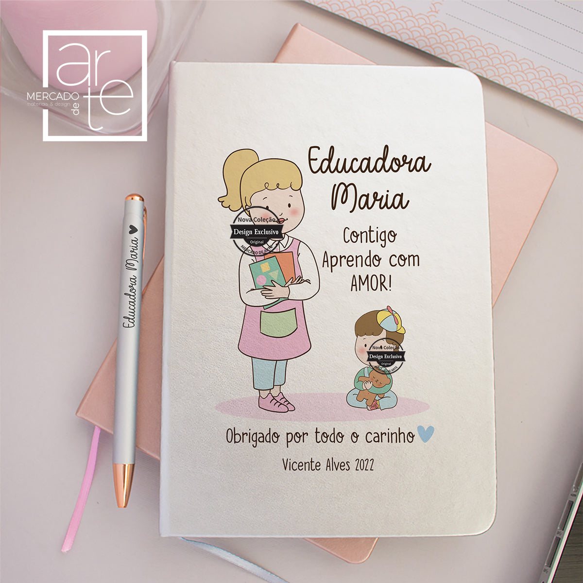 conjunto bloco de notas para educadora e caneta