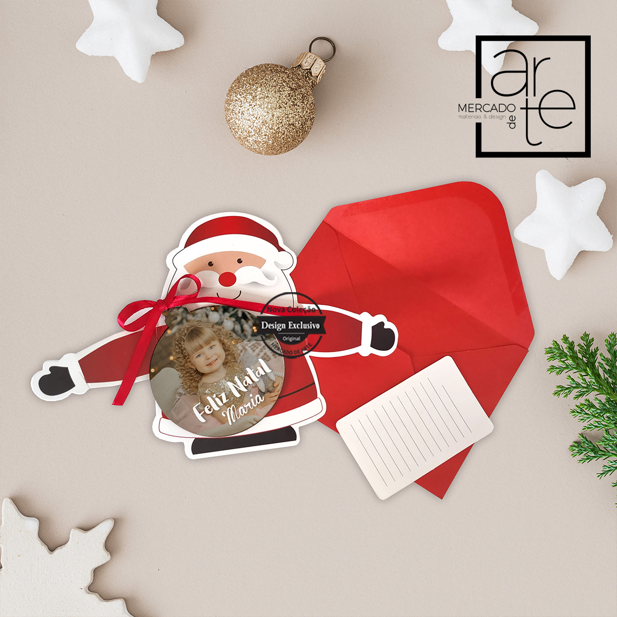 Postal pai natal + pendente bola "Feliz Natal"