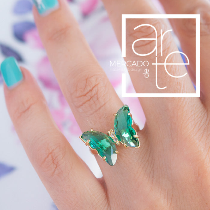 Anel ajustável com cristal borboleta