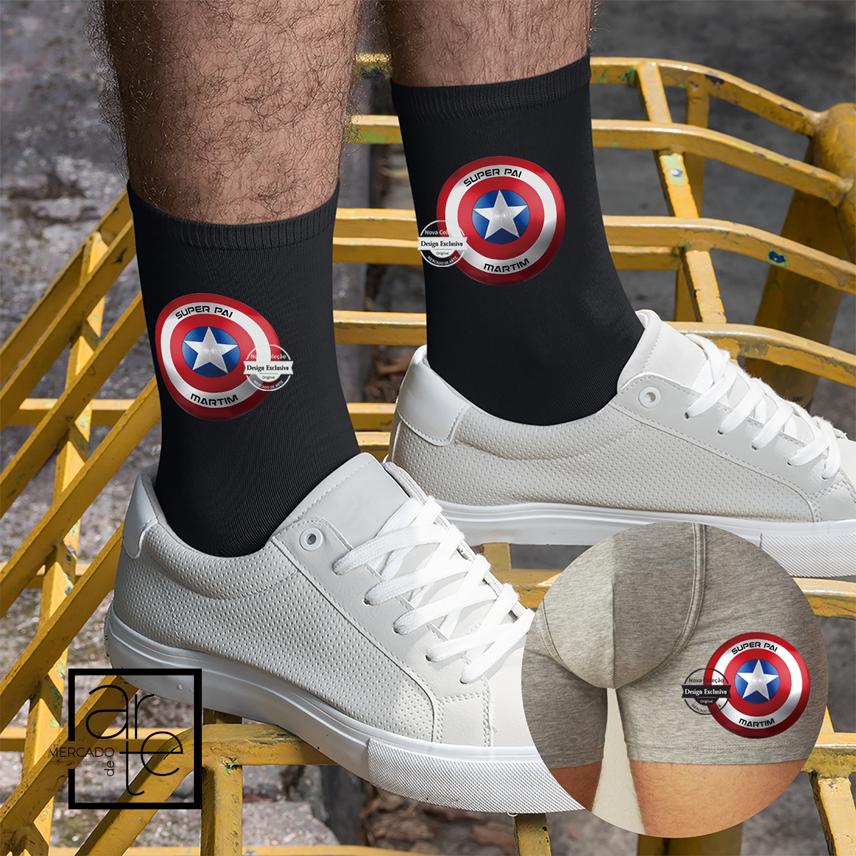 Novidade! Para os fãs de super heróis, o presente perfeito! Meias e/ uo boxers capitão América "Super pai" . Personalize com a mensagem que desejar. Meias tamanho único e boxers disponíveis do S ao XXL.