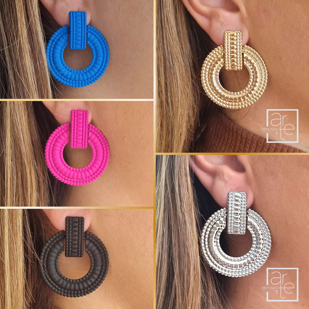 Brincos étnicos redondos disponíveis em variadas cores. Escolha as suas cores preferidas para diversos looks. Disponíveis em Dourado, prateado, azul, rosa, preto.