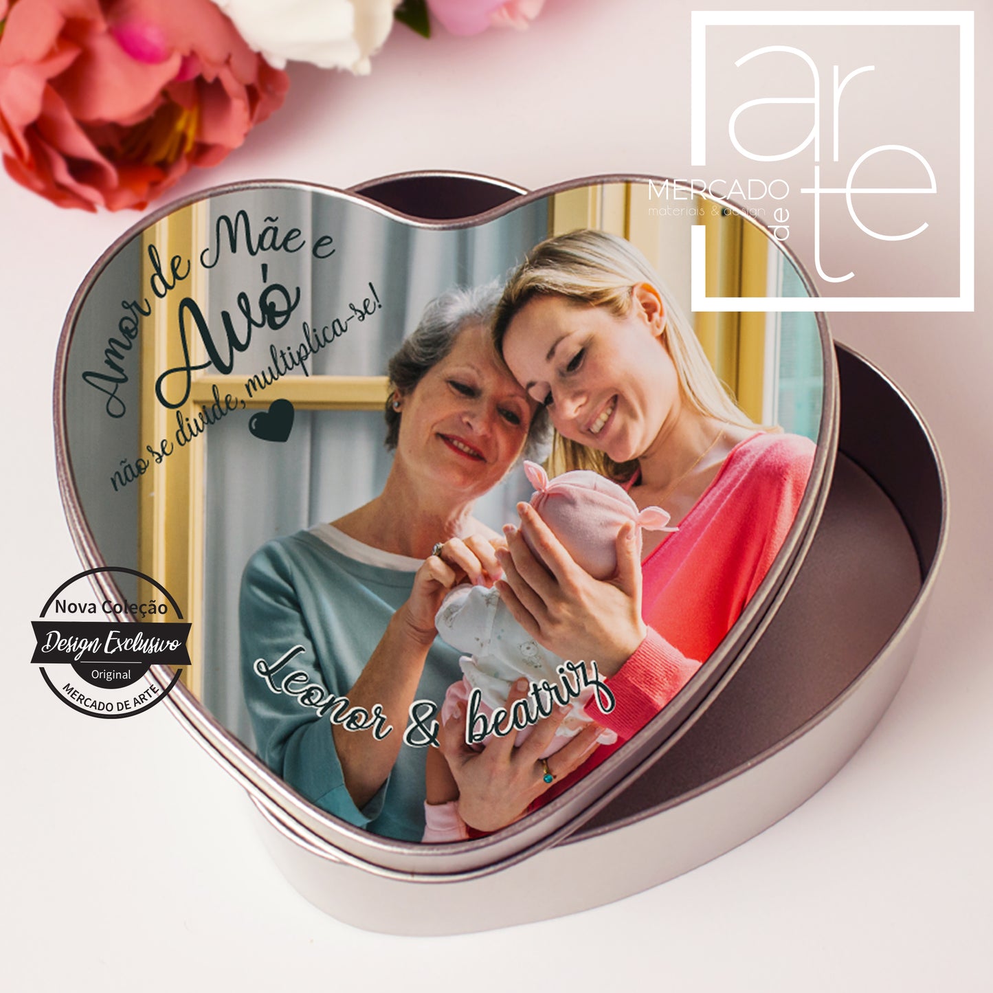 Caixa em coração " Amor de Mãe e Avó não se divide, multiplica-se "
