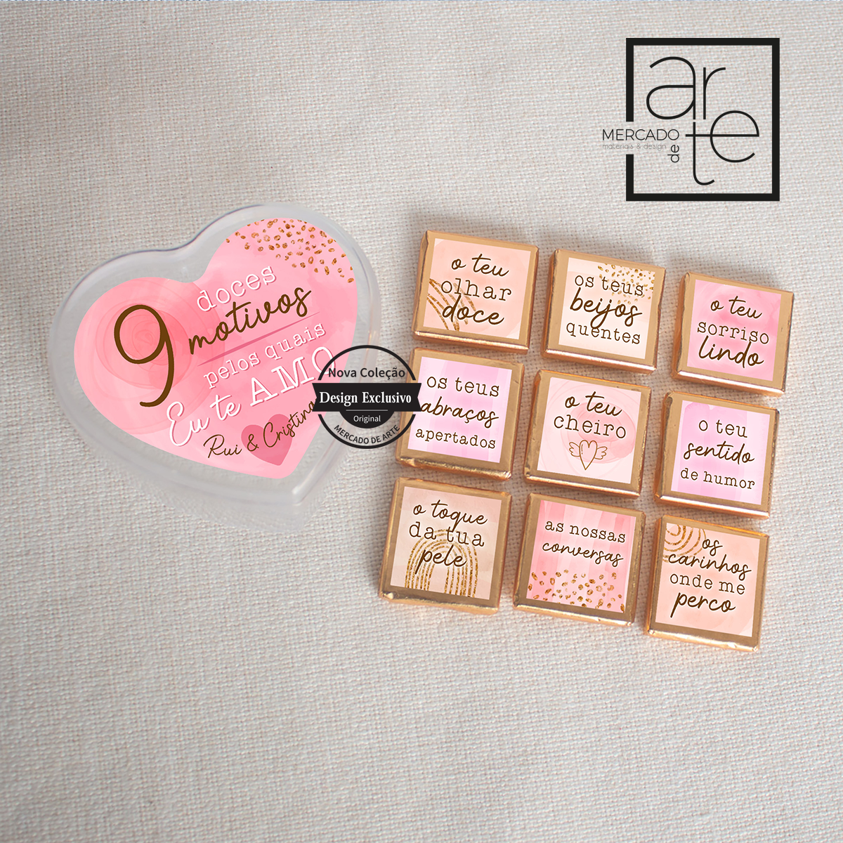 Caixinha de chocolates personalizados por si. Os nossos deliciosos chocolates agora com caixinha em formato de coração. Personalize a caixinha e os chocolates com pequena frase que desejar.