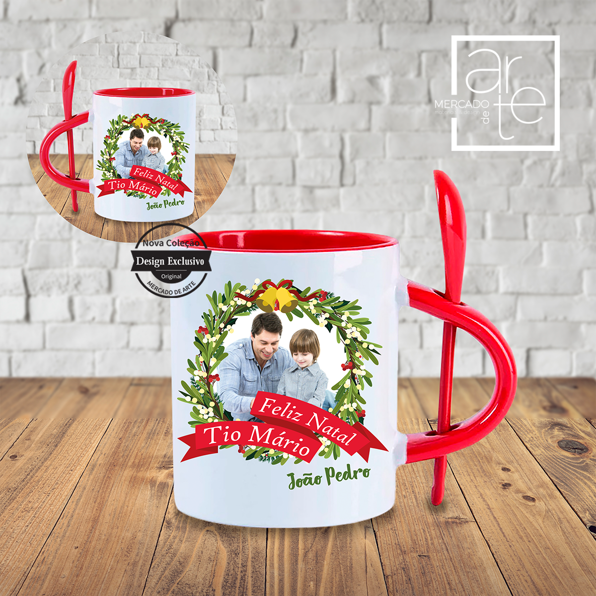 Caneca com colher incluída com interior vermelho. Personalize com o texto e com a fotografia que desejar.