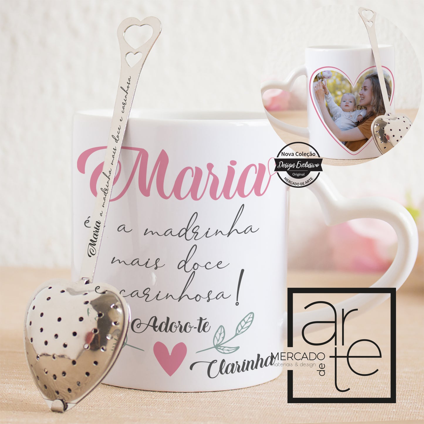 Conjunto " Madrinha mais doce " caneca asa coração de cerâmica + infusor de chá