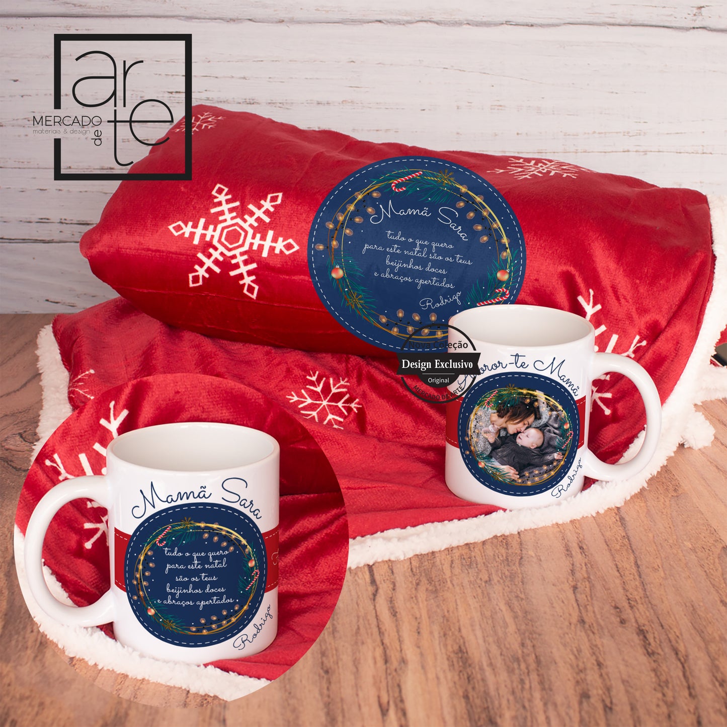 Conjunto Super natalício a pensar no conforto das nossas mamãs. Manta de natal aveludada de um lado com pelinho do outro com caneca de cerâmica de conjunto com frase e fotografia a seu gosto. Vendido em conjunto ou separadamente.