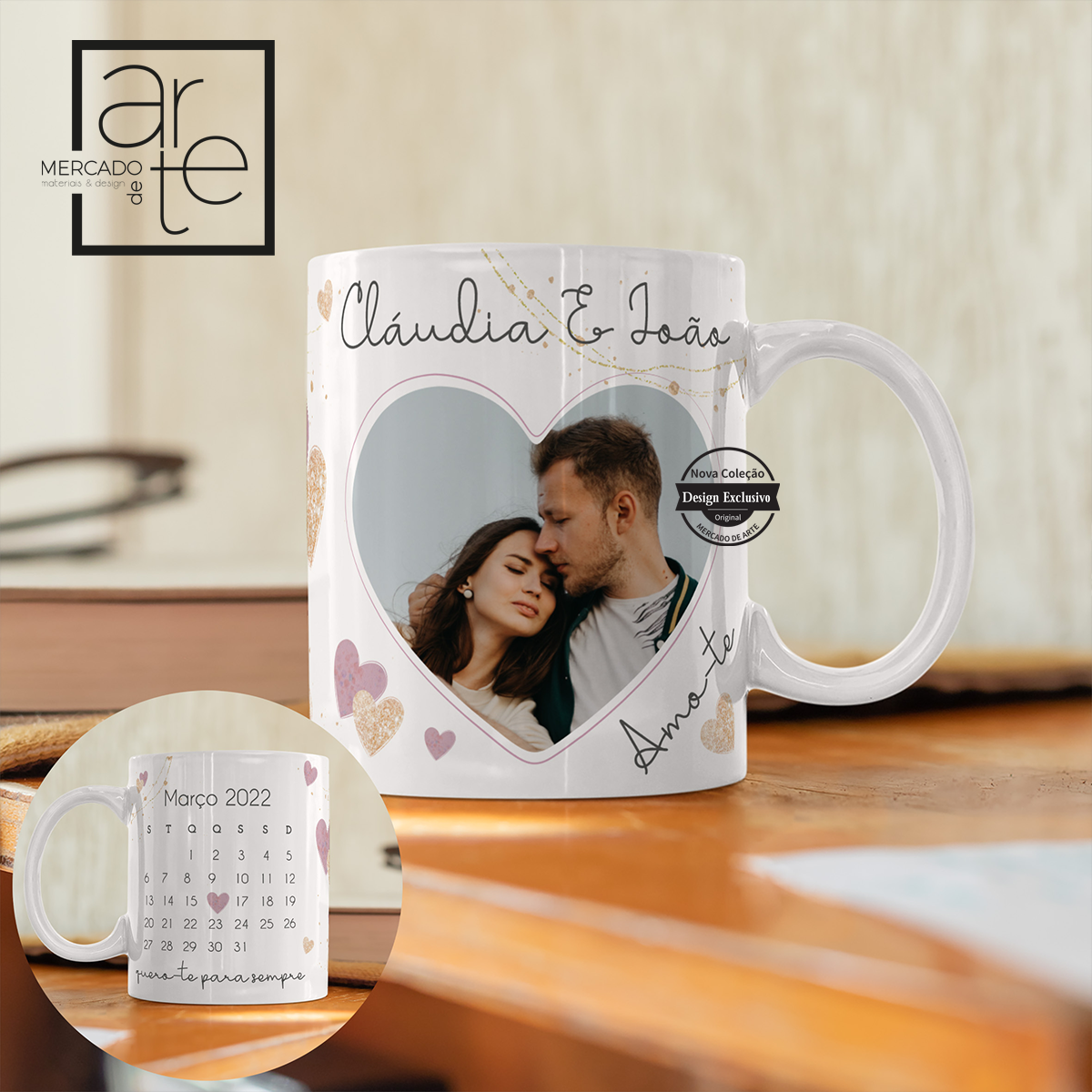 Caneca "Amote-para sempre" com fotografia e calendário no verso. Assinale a sua data especial e ofereça momentos que ficam marcados para sempre.