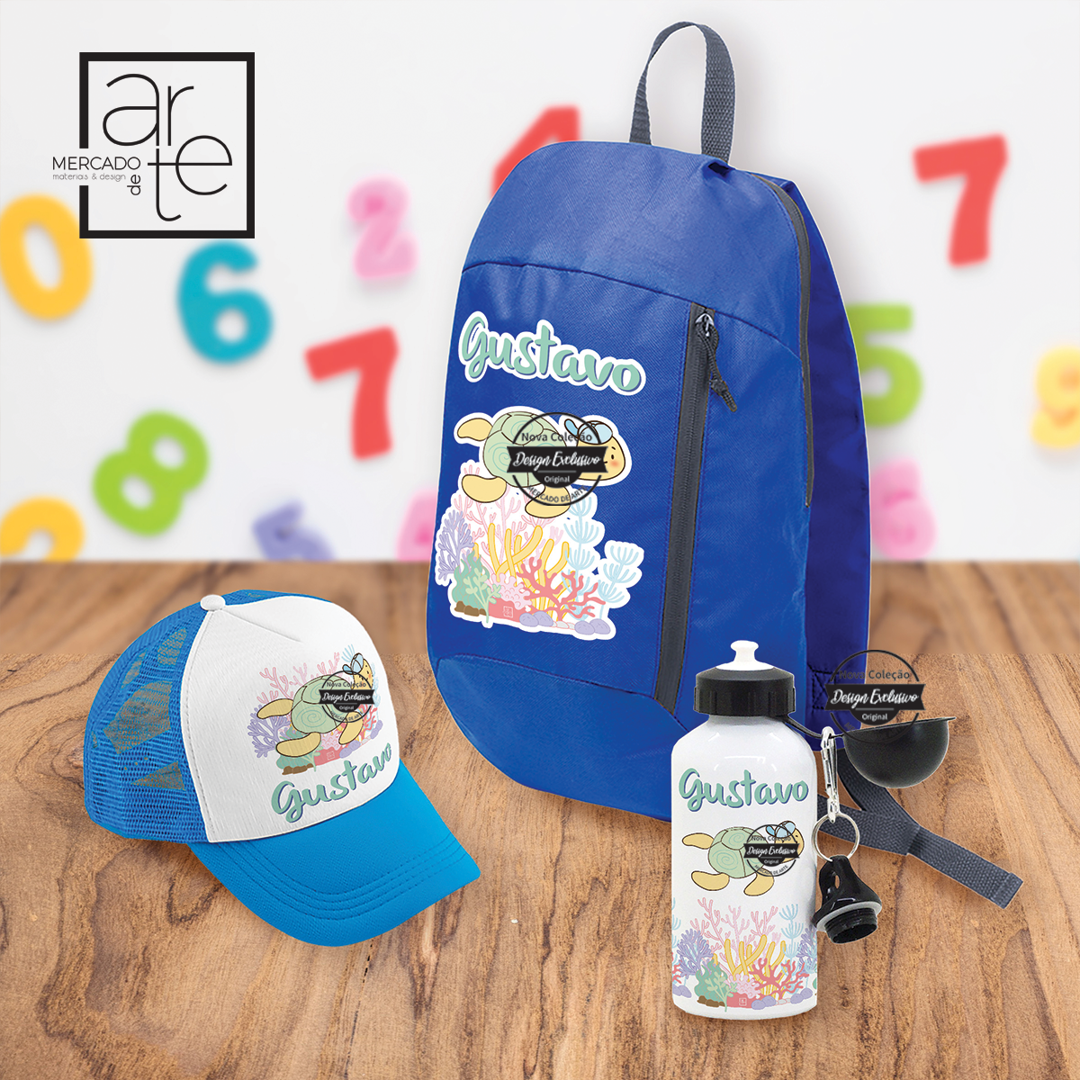 Conjunto regresso às aulas mochila boné e garrafa tartaruga .Personalizável como desejar.
