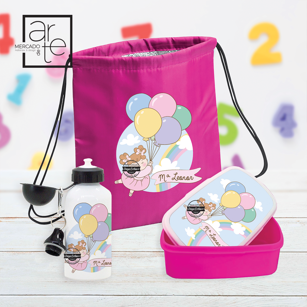 kit de 3 peças de lanche, mochila térmica, garrafa e marmita. Pode personalizar como desejar.